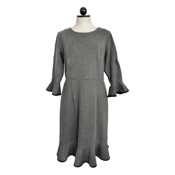 Nanette Lepore Gray Ponte Bell Sleeve Flounce Hem Velvet Trim Dress Size 10 - Picture 14 of 15